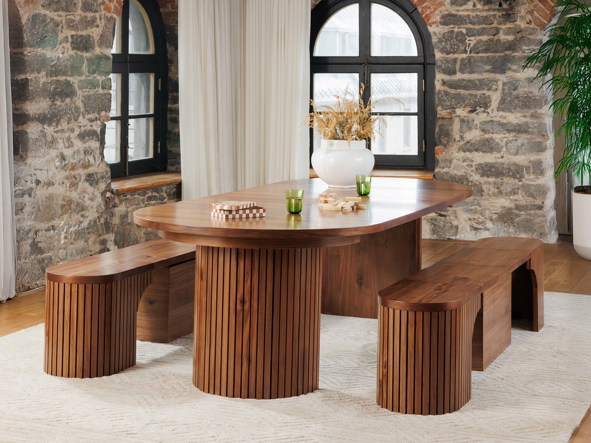 Banc extensible courbé pour table ronde, jusqu’à 4 places, noyer brun — vue 7