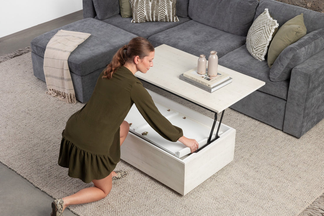 Table basse relevable et extensible en bois, avec rangement, bouleau canadien — vue 12