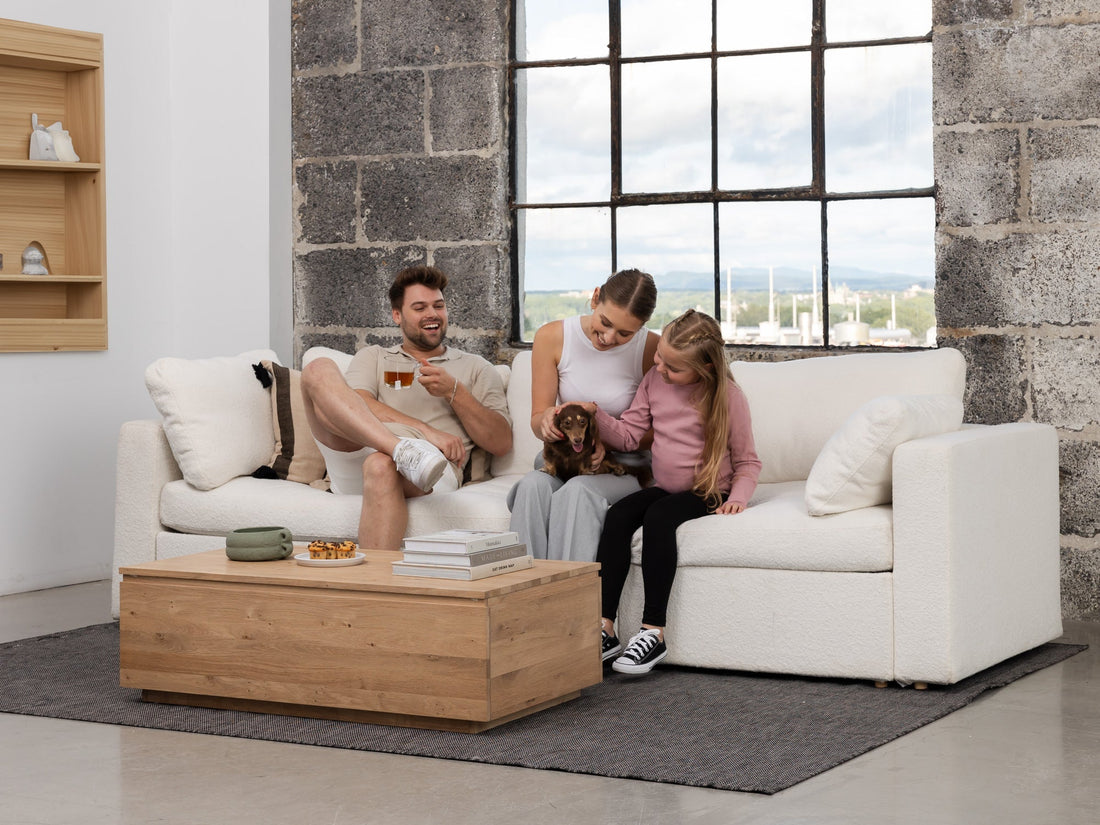 Table basse relevable et extensible en bois, avec rangement, chêne scandinave — vue 12