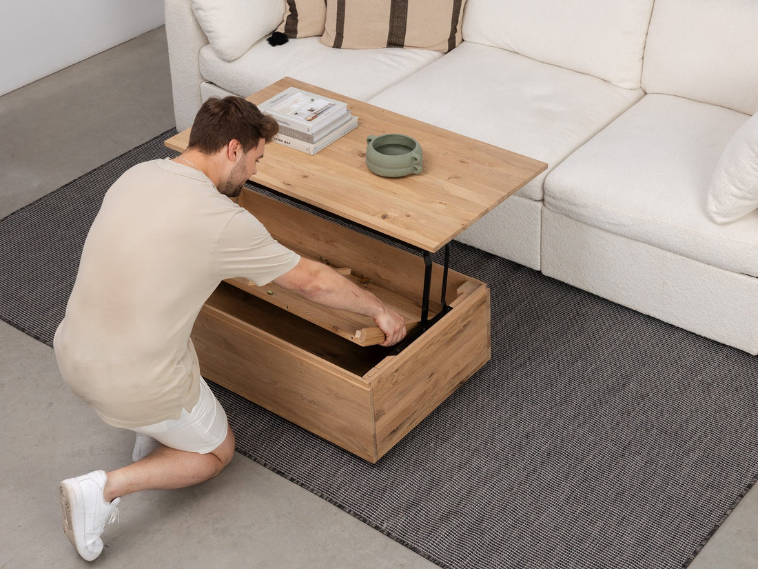 Table basse relevable et extensible en bois, avec rangement, chêne scandinave — vue 13
