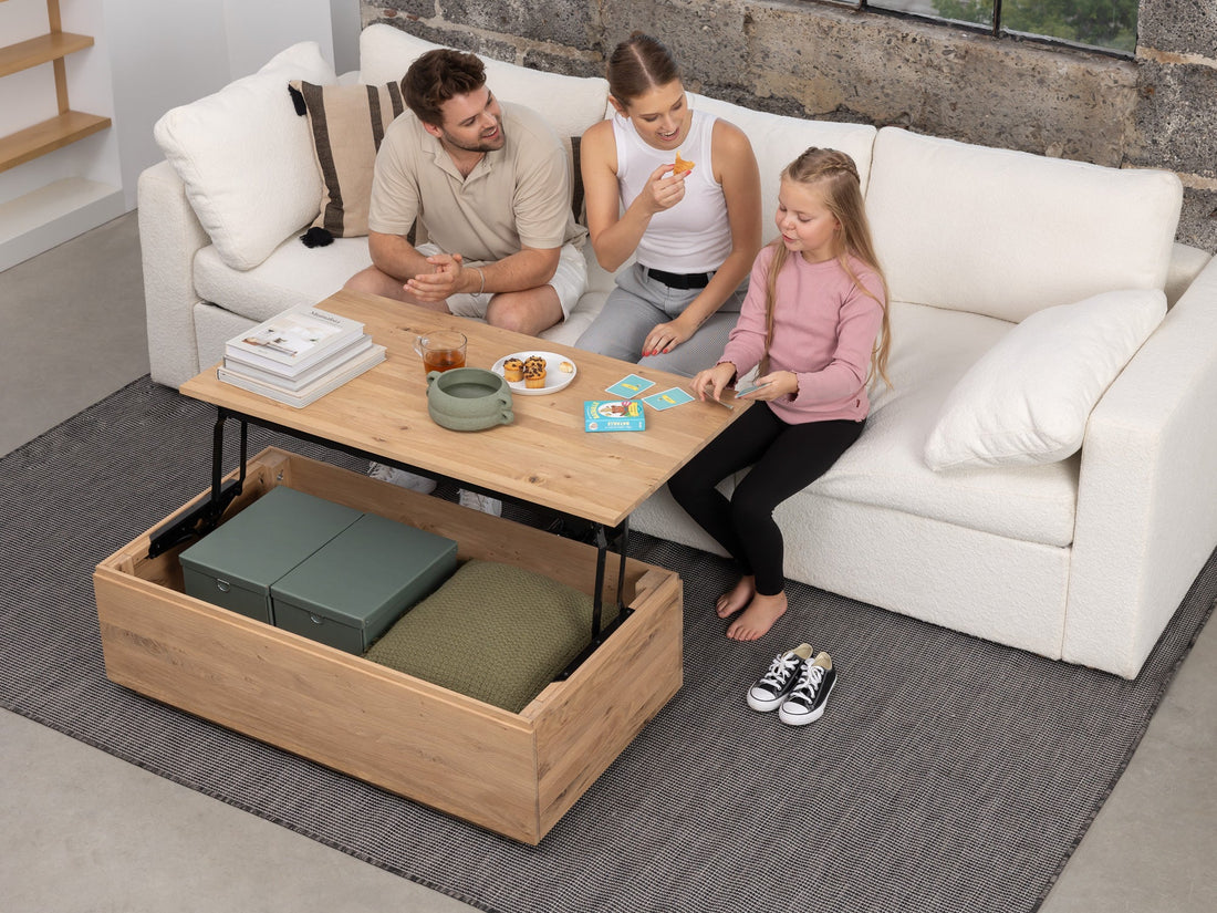 Table basse relevable et extensible en bois, avec rangement, chêne scandinave — vue 14