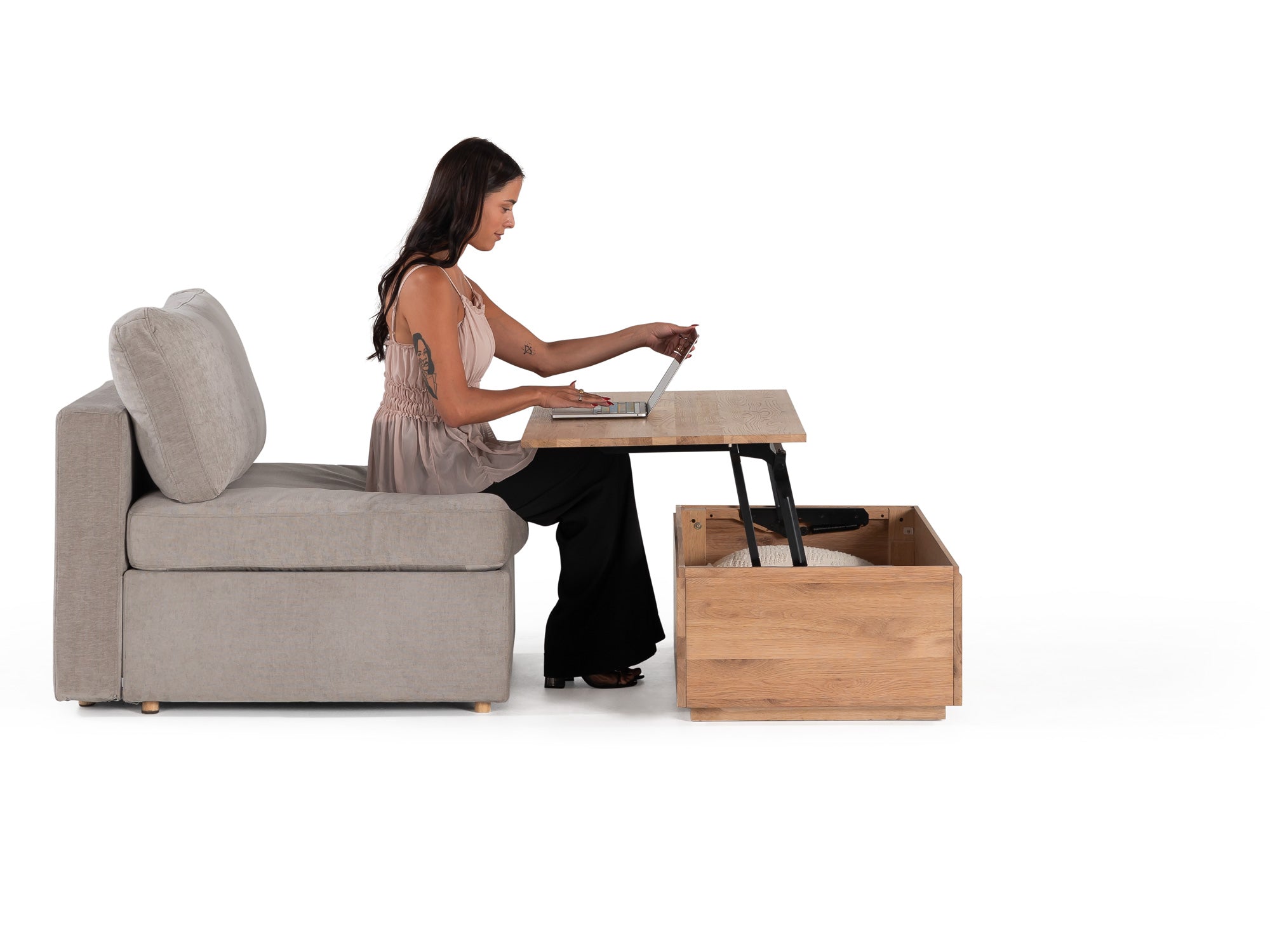 Table basse relevable et extensible en bois, avec rangement, chêne scandinave — vue 11