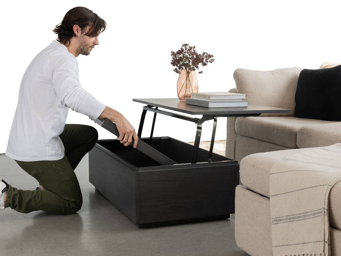 Table basse relevable et extensible en bois, avec rangement, hickory fumé — vue 12