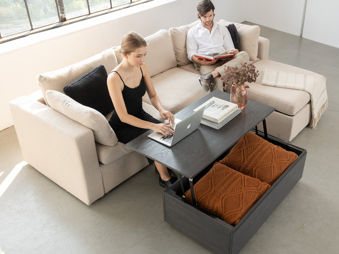 Table basse relevable et extensible en bois, avec rangement, hickory fumé — vue 13