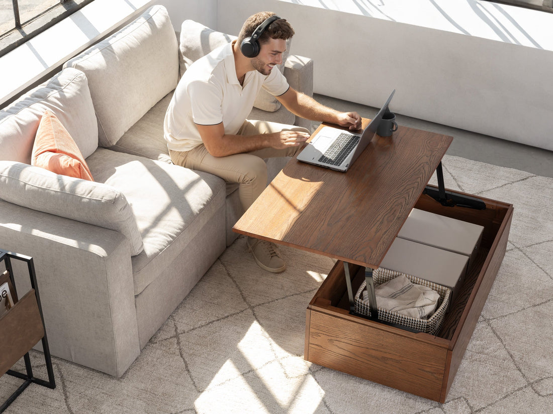 Table basse relevable et extensible en bois, avec rangement, noyer américain — vue 10